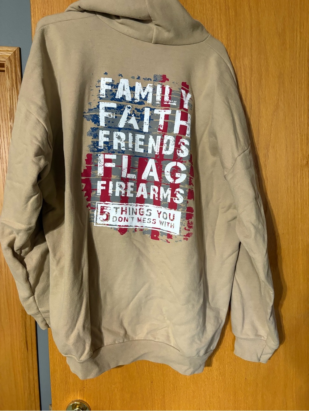 Nine LinMen's Tan Graphic Hoodie Sweatshirt - Family Faith Friends Flag Firearms